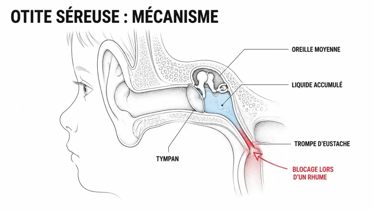 Otite de l'enfant : schéma de l’oreille et de la trompe d’Eustache montrant l’accumulation de liquide
