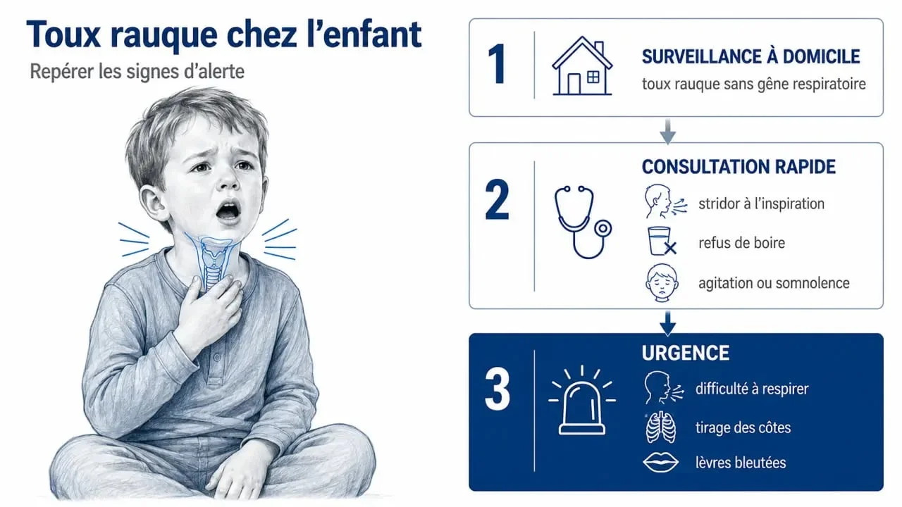 Toux rauque enfant : schéma des signes de surveillance, consultation et urgence
