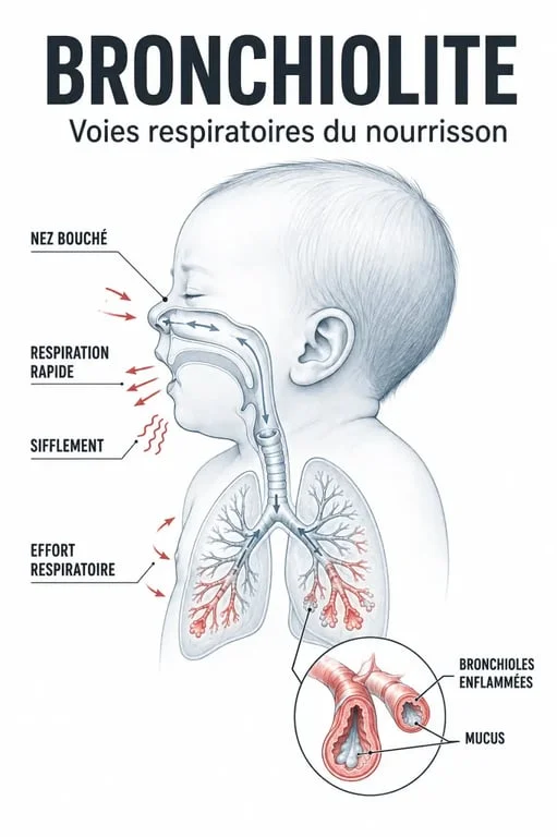 Bronchiolite du nourrisson : schéma des bronchioles inflammées et des signes d’alerte
