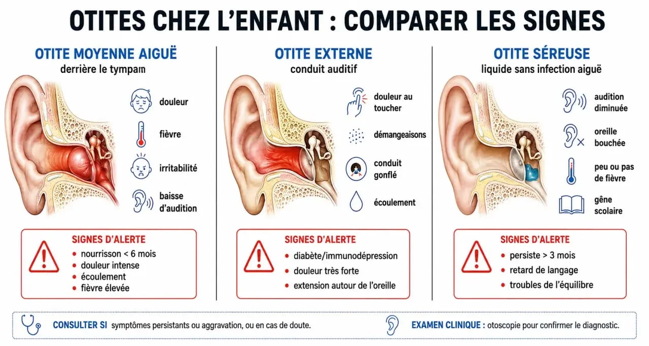 Otite de l'enfant : schéma comparatif des types d’otite, symptômes et signes d’alerte