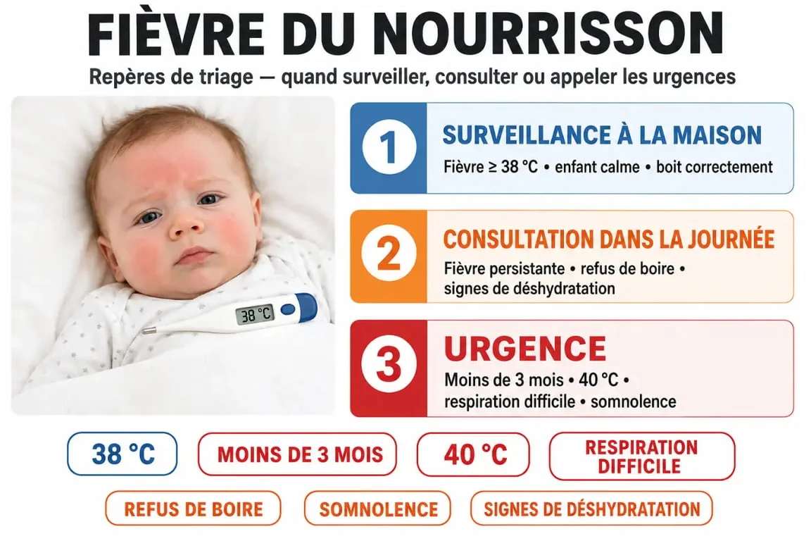 Nourrisson et fievre : schéma visuel des signes d’alerte, seuils de température et conduite à tenir