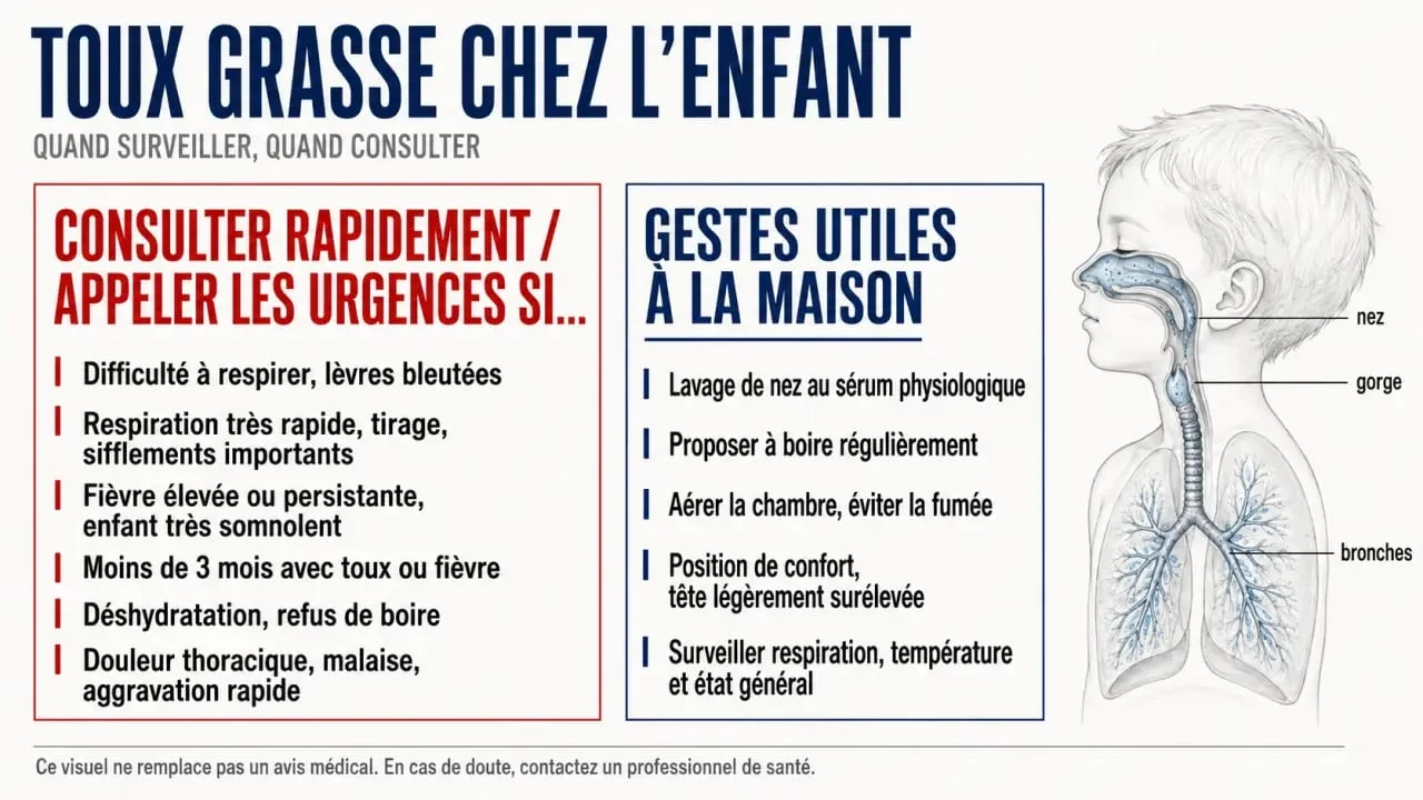 Toux grasse enfant : visuel sur les signes d’alerte, les gestes à faire à la maison et quand consulter