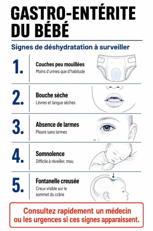 Gastro enterite du bebe : signes de déshydratation à surveiller et moment de consulter