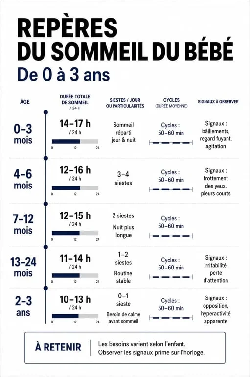 Sommeil du bébé : repères d’âge, cycles et siestes de 0 à 3 ans