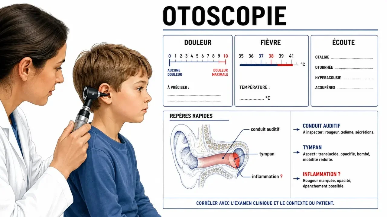 Otite de l'enfant : consultation pédiatrique et otoscopie pour vérifier le tympan