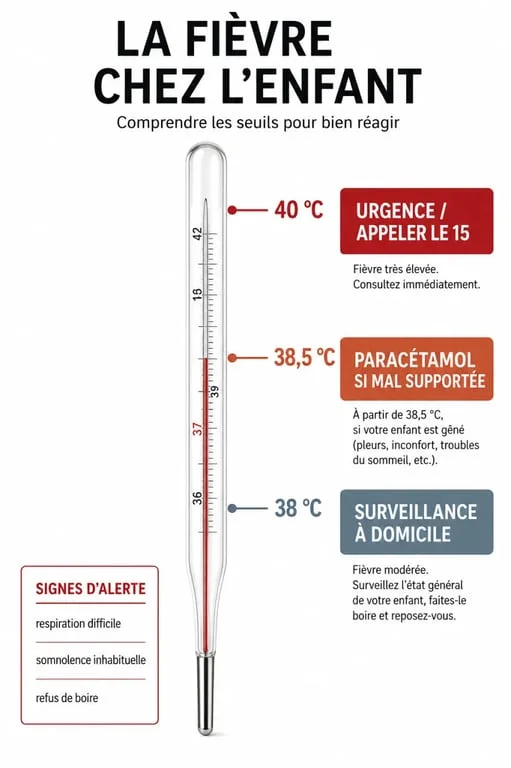 Infographie sur la fièvre enfant avec seuils de température, signes d’alerte et gestes à faire