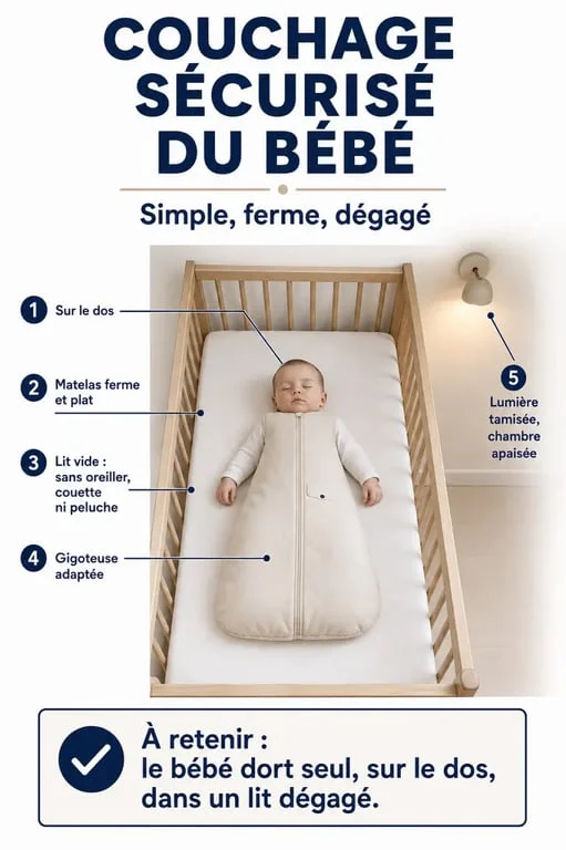 Sommeil du bébé : couchage sécurisé sur le dos dans un lit vide