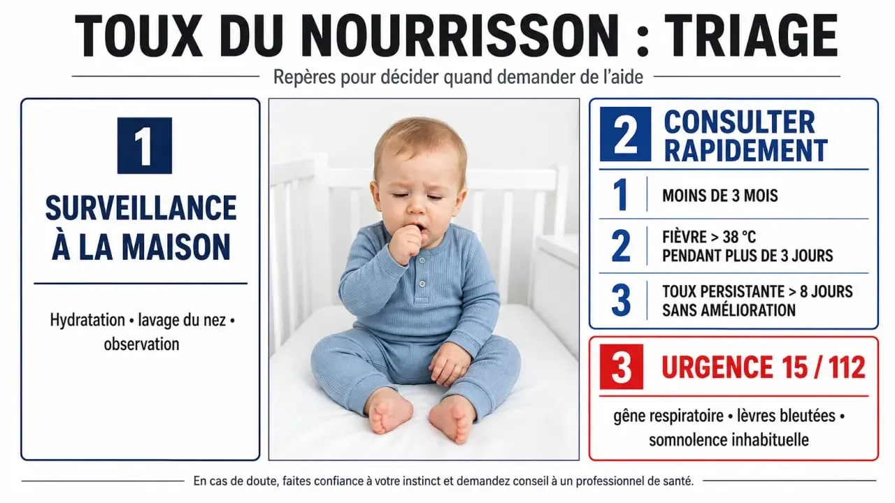 Toux du bebe : signes d’alerte, quand consulter et gestes sûrs à la maison